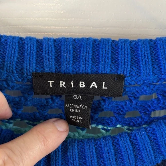 Tribal Multi-Color Striped Sweater 3/4 Sleeves Open Weave Like New Size Large - Picture 2 of 11